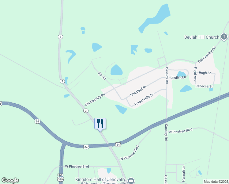 map of restaurants, bars, coffee shops, grocery stores, and more near 110 Shortleaf Place in Thomasville