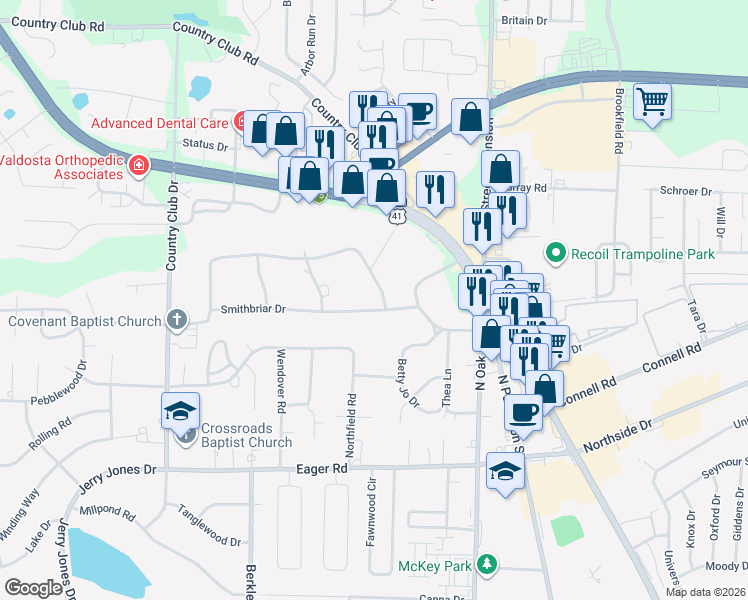 map of restaurants, bars, coffee shops, grocery stores, and more near 603 Smithbriar Drive in Valdosta