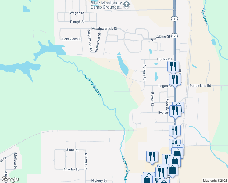 map of restaurants, bars, coffee shops, grocery stores, and more near 259 Bob Scalfi Lane in DeRidder