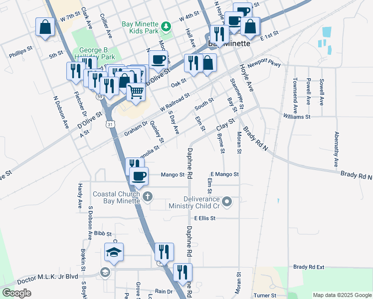 map of restaurants, bars, coffee shops, grocery stores, and more near 506 Daphne Road in Bay Minette