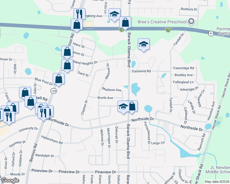 map of restaurants, bars, coffee shops, grocery stores, and more near 918 Worth Avenue in Valdosta