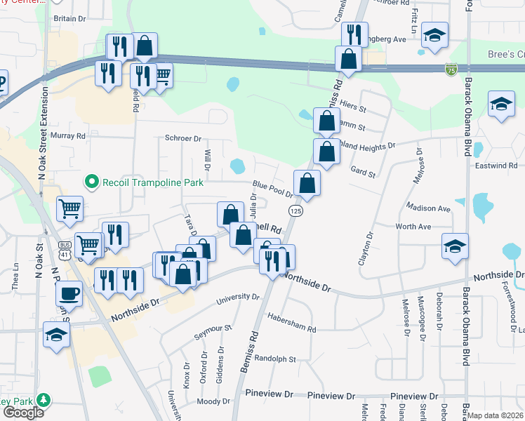 map of restaurants, bars, coffee shops, grocery stores, and more near 2933 Callaway Circle in Valdosta
