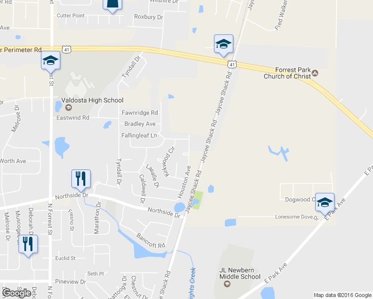 map of restaurants, bars, coffee shops, grocery stores, and more near 2113 Meade Avenue in Valdosta