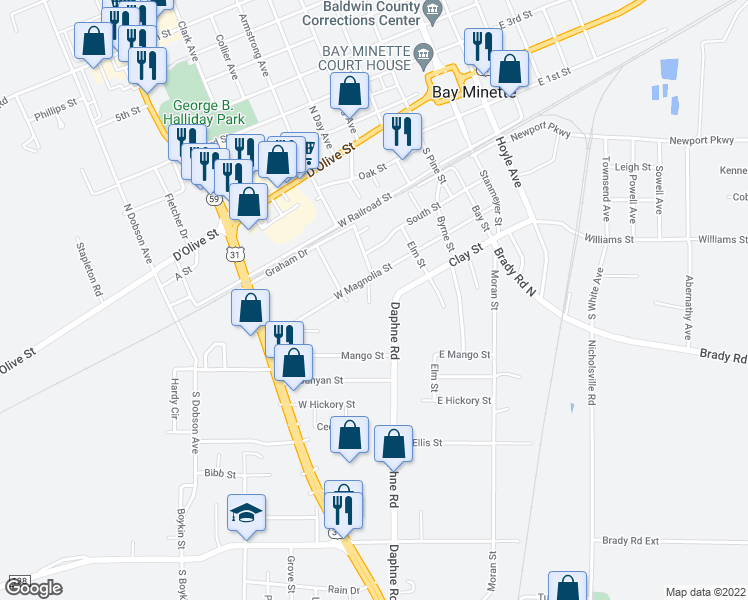 map of restaurants, bars, coffee shops, grocery stores, and more near 207 West Magnolia Street in Bay Minette