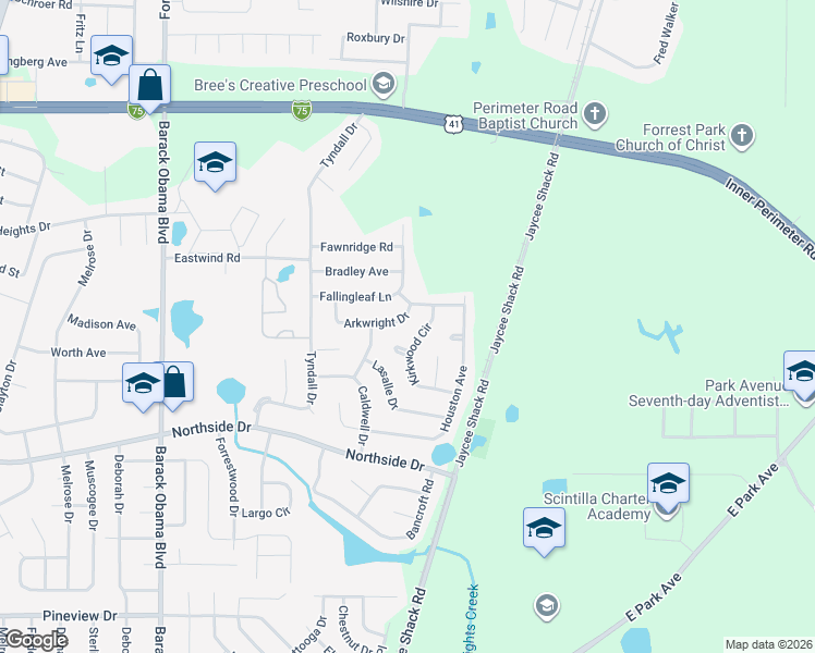 map of restaurants, bars, coffee shops, grocery stores, and more near 2031 Arkwright Drive in Valdosta