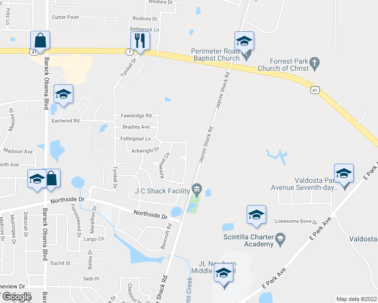 map of restaurants, bars, coffee shops, grocery stores, and more near 2125 Houston Avenue in Valdosta