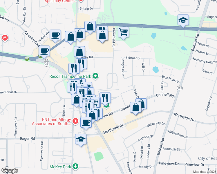 map of restaurants, bars, coffee shops, grocery stores, and more near 300 Brookfield Road in Valdosta