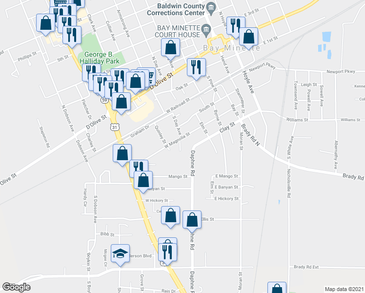 map of restaurants, bars, coffee shops, grocery stores, and more near 305 South Day Avenue in Bay Minette