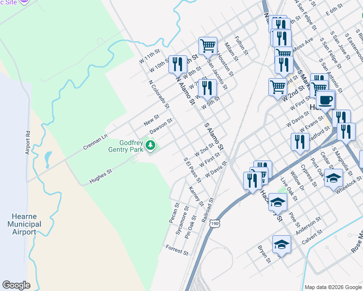 map of restaurants, bars, coffee shops, grocery stores, and more near 1209 Blackshear Drive in Hearne