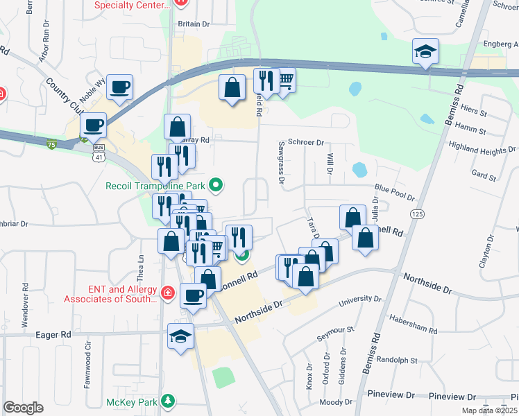 map of restaurants, bars, coffee shops, grocery stores, and more near 321 Brookfield Road in Valdosta