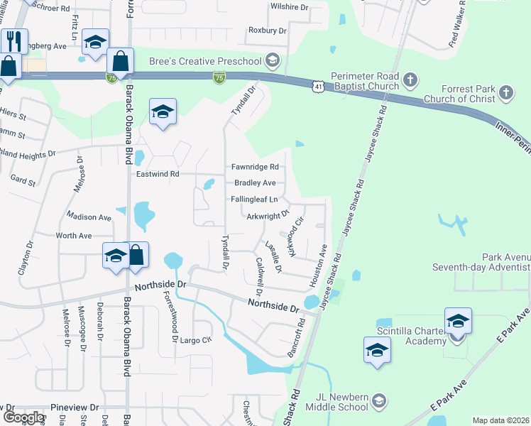 map of restaurants, bars, coffee shops, grocery stores, and more near 2015 Fallingleaf Lane in Valdosta
