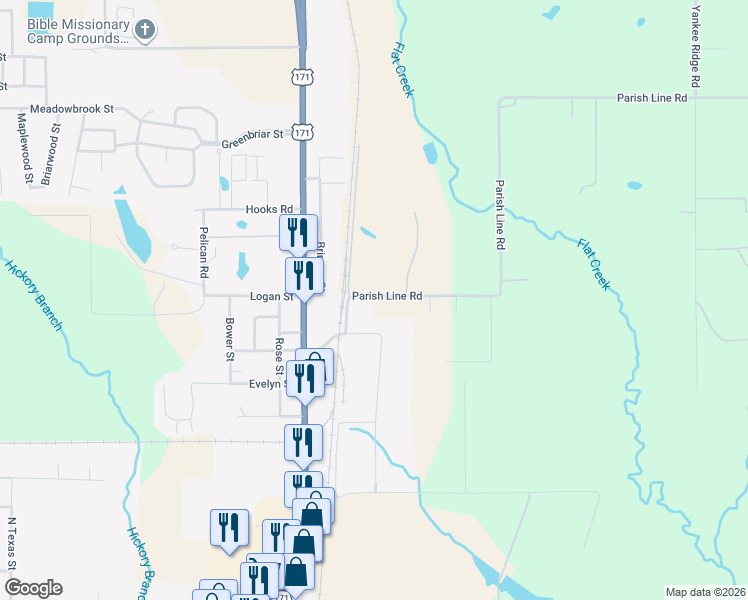 map of restaurants, bars, coffee shops, grocery stores, and more near 193-237 Parish Line Road in DeRidder