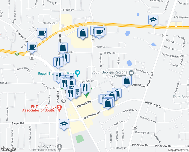map of restaurants, bars, coffee shops, grocery stores, and more near 3257 Wingfield Way in Valdosta