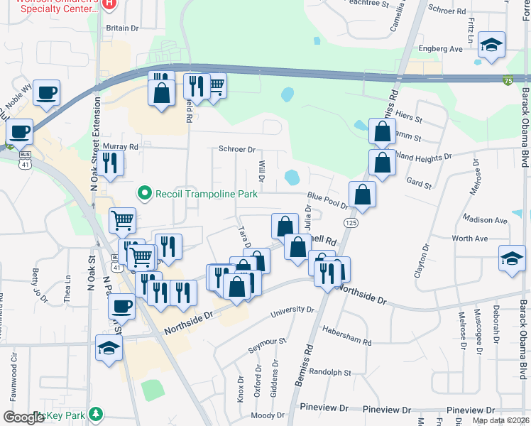 map of restaurants, bars, coffee shops, grocery stores, and more near 503 Heritage Place in Valdosta