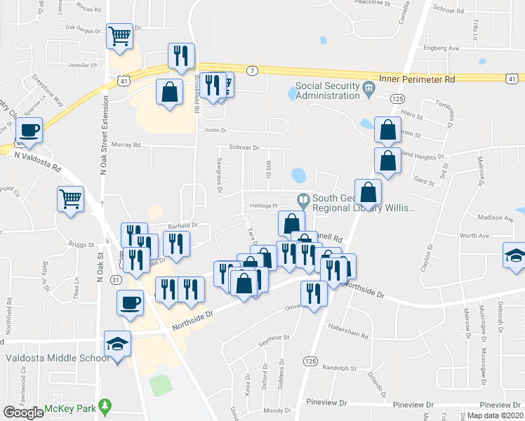 map of restaurants, bars, coffee shops, grocery stores, and more near 441 Heritage Place in Valdosta
