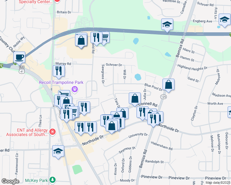 map of restaurants, bars, coffee shops, grocery stores, and more near 423 Heritage Place in Valdosta