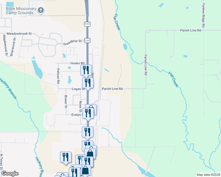 map of restaurants, bars, coffee shops, grocery stores, and more near 193 Parish Line Road in DeRidder