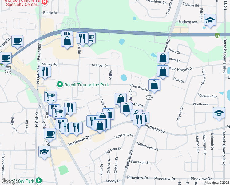 map of restaurants, bars, coffee shops, grocery stores, and more near 503 Heritage Place in Valdosta