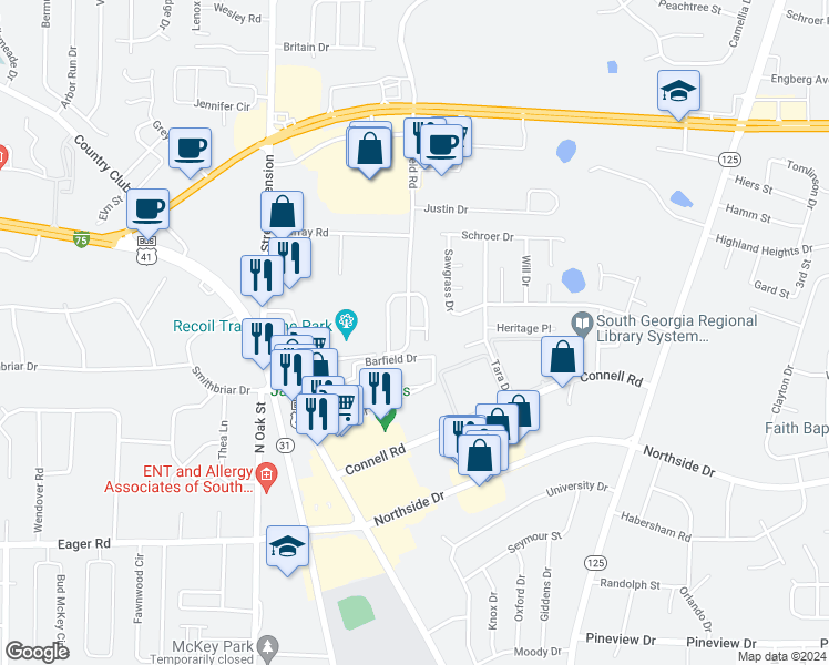 map of restaurants, bars, coffee shops, grocery stores, and more near 327 Brookfield Road in Valdosta