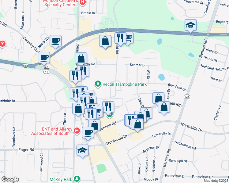 map of restaurants, bars, coffee shops, grocery stores, and more near 327 Brookfield Road in Valdosta