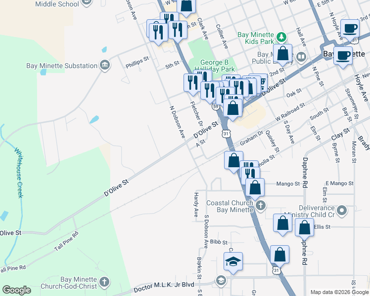 map of restaurants, bars, coffee shops, grocery stores, and more near 1101 D'Olive Street in Bay Minette