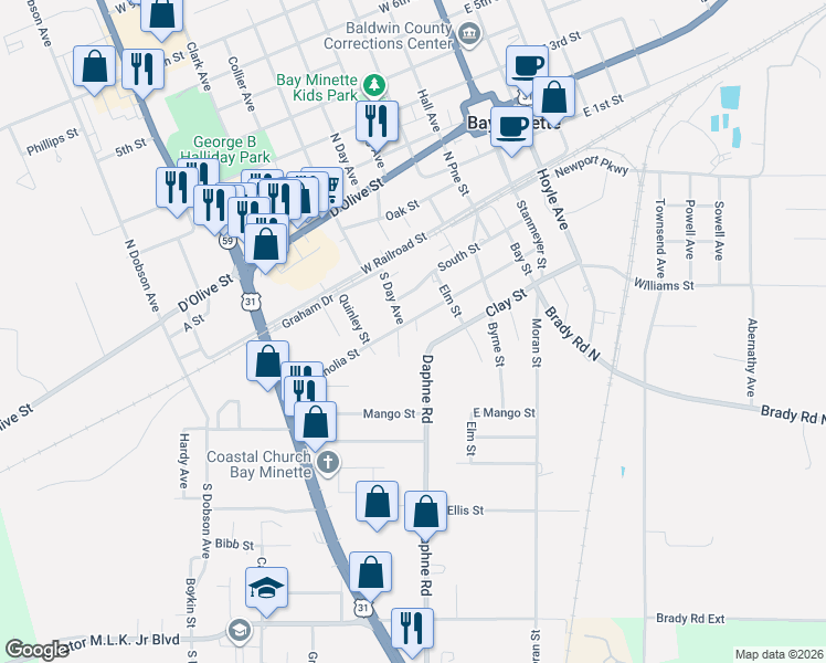 map of restaurants, bars, coffee shops, grocery stores, and more near 207 West Magnolia Street in Bay Minette