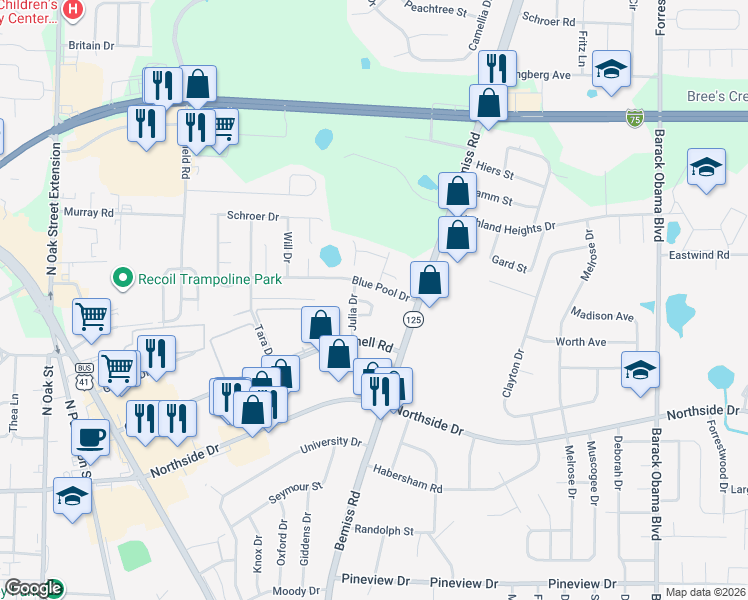 map of restaurants, bars, coffee shops, grocery stores, and more near 2925 Callaway Circle in Valdosta