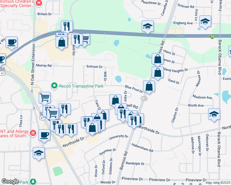 map of restaurants, bars, coffee shops, grocery stores, and more near 523 Heritage Place in Valdosta