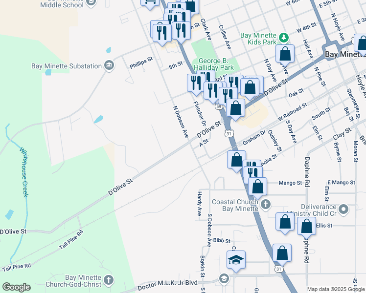 map of restaurants, bars, coffee shops, grocery stores, and more near D'Olive Street in Bay Minette