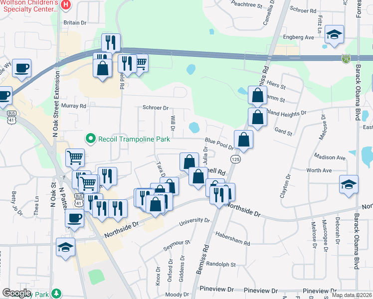 map of restaurants, bars, coffee shops, grocery stores, and more near 523 Heritage Place in Valdosta