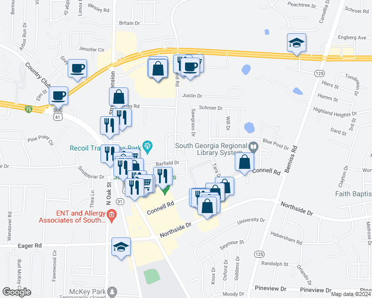 map of restaurants, bars, coffee shops, grocery stores, and more near 3250 Wingfield Way in Valdosta