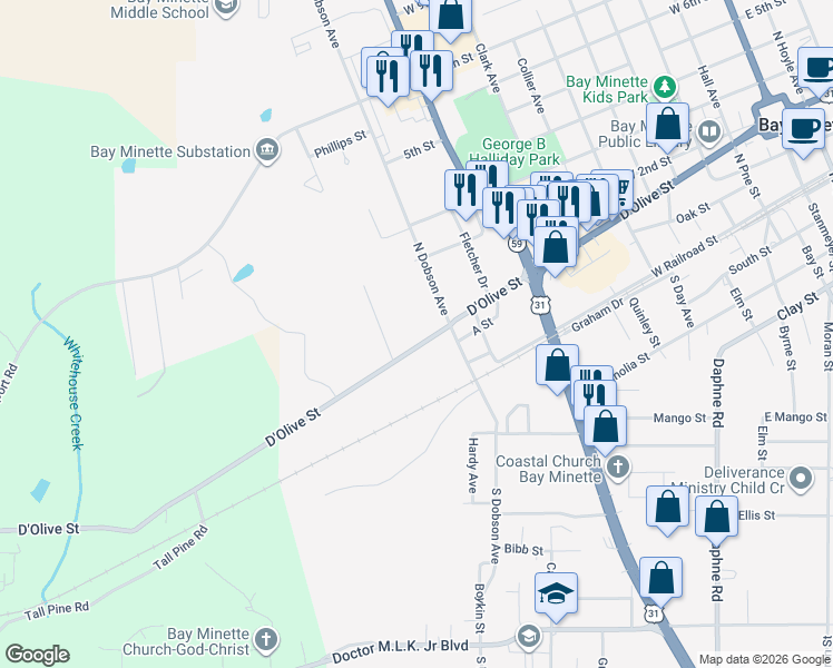 map of restaurants, bars, coffee shops, grocery stores, and more near 1101 D'Olive St in Bay Minette