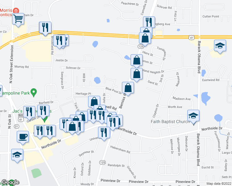 map of restaurants, bars, coffee shops, grocery stores, and more near 129 Blue Pool Drive in Valdosta