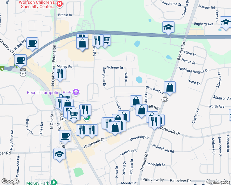 map of restaurants, bars, coffee shops, grocery stores, and more near 423 Heritage Place in Valdosta