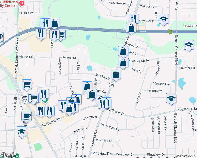 map of restaurants, bars, coffee shops, grocery stores, and more near 2933 Callaway Circle in Valdosta