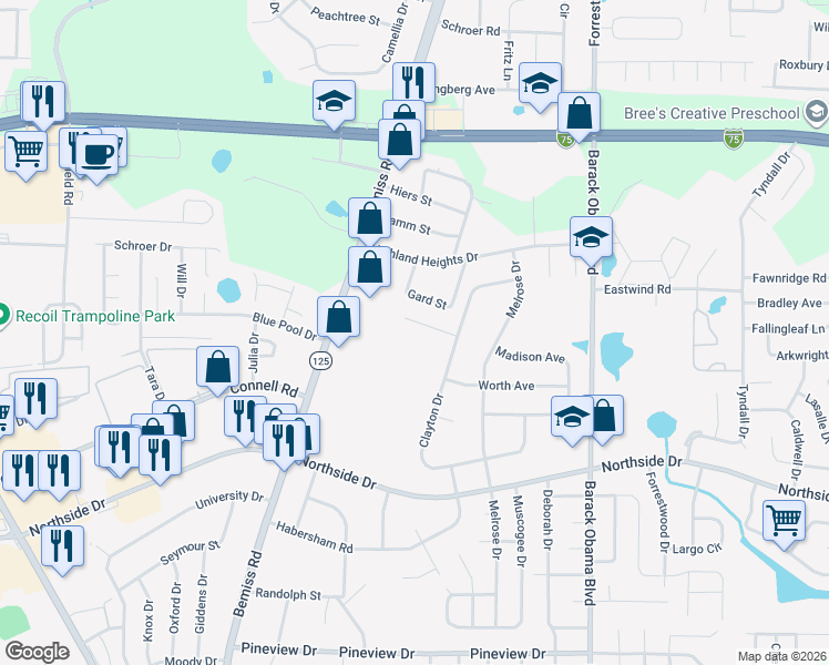 map of restaurants, bars, coffee shops, grocery stores, and more near 7 Milledge Circle in Valdosta
