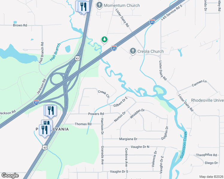 map of restaurants, bars, coffee shops, grocery stores, and more near 6406 Gilbert Drive West in Satsuma