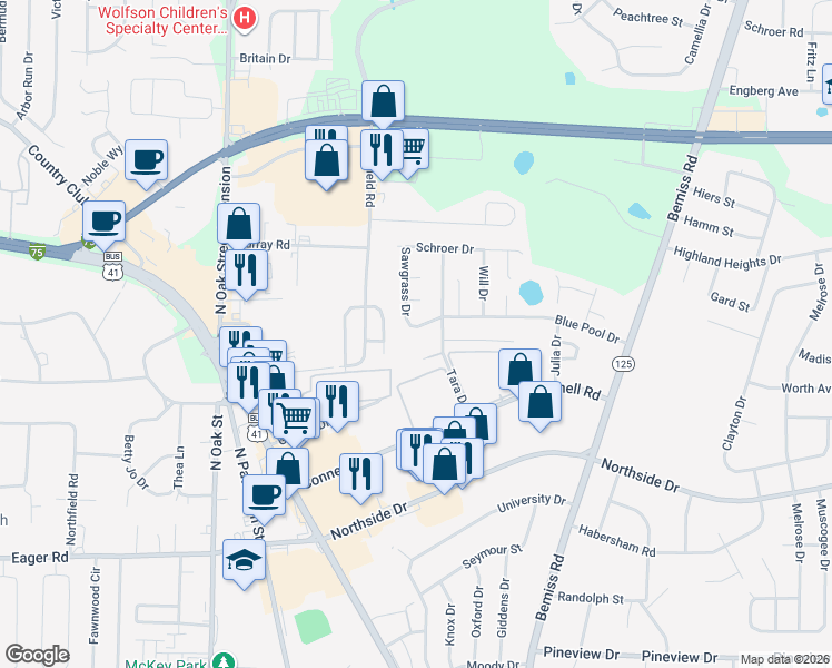 map of restaurants, bars, coffee shops, grocery stores, and more near 313 Sawgrass Drive in Valdosta