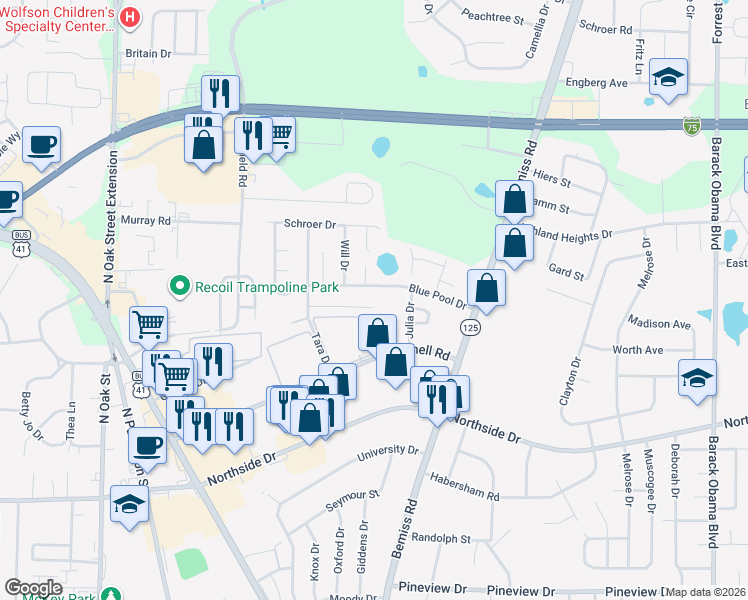 map of restaurants, bars, coffee shops, grocery stores, and more near 523 Heritage Place in Valdosta