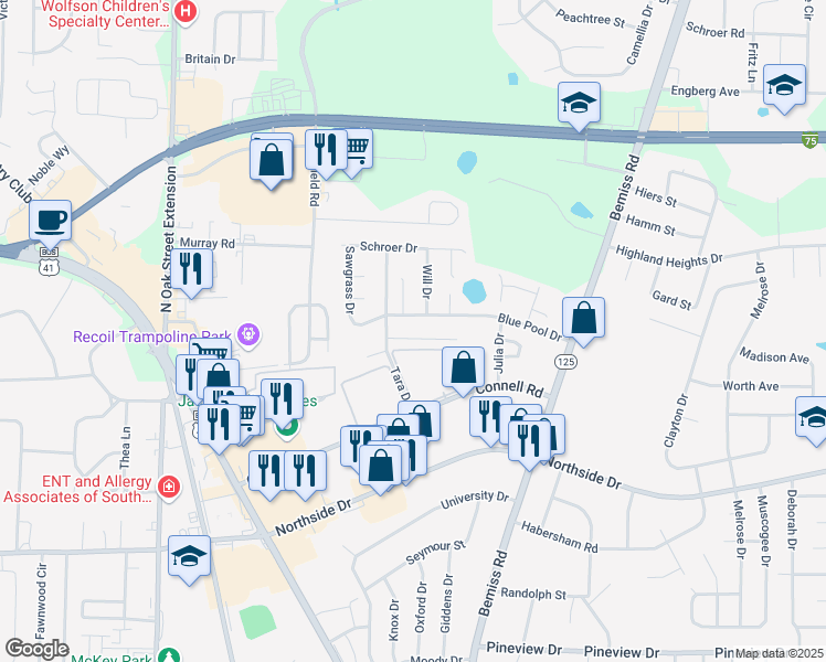 map of restaurants, bars, coffee shops, grocery stores, and more near 438 Heritage Place in Valdosta
