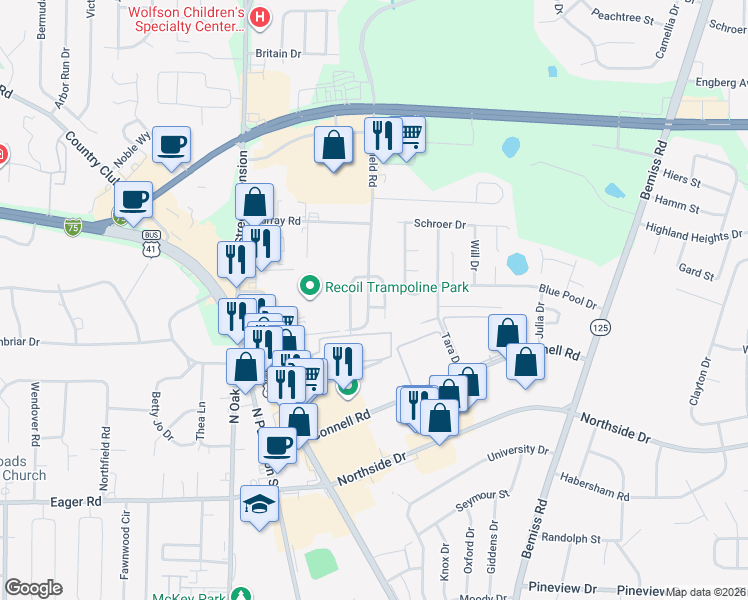 map of restaurants, bars, coffee shops, grocery stores, and more near 327 Brookfield Road in Valdosta