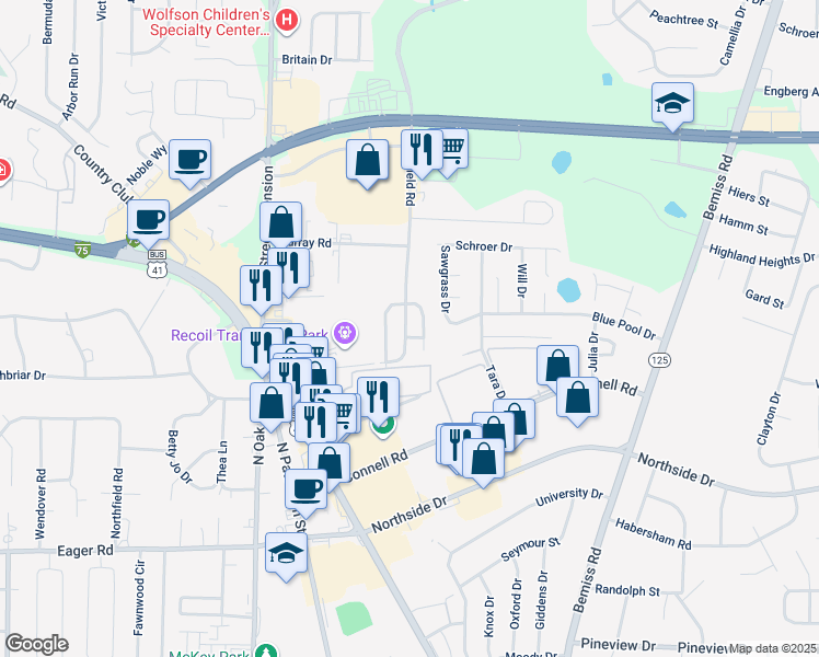 map of restaurants, bars, coffee shops, grocery stores, and more near 339 Brookfield Road in Valdosta