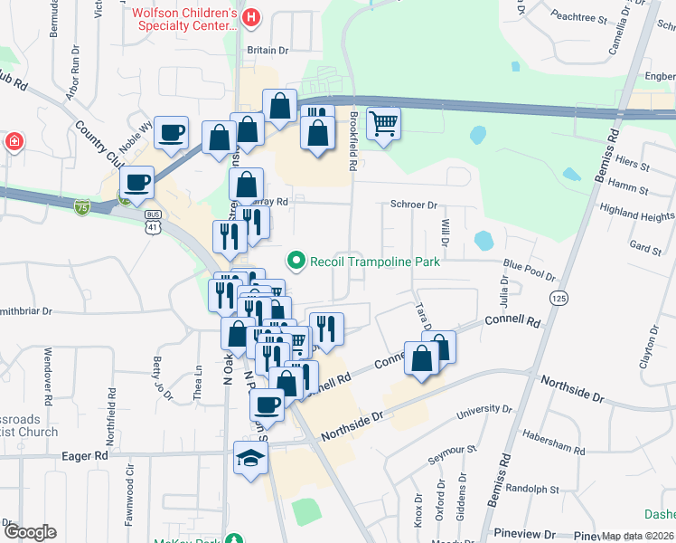 map of restaurants, bars, coffee shops, grocery stores, and more near 3106 Wingfield Way in Valdosta