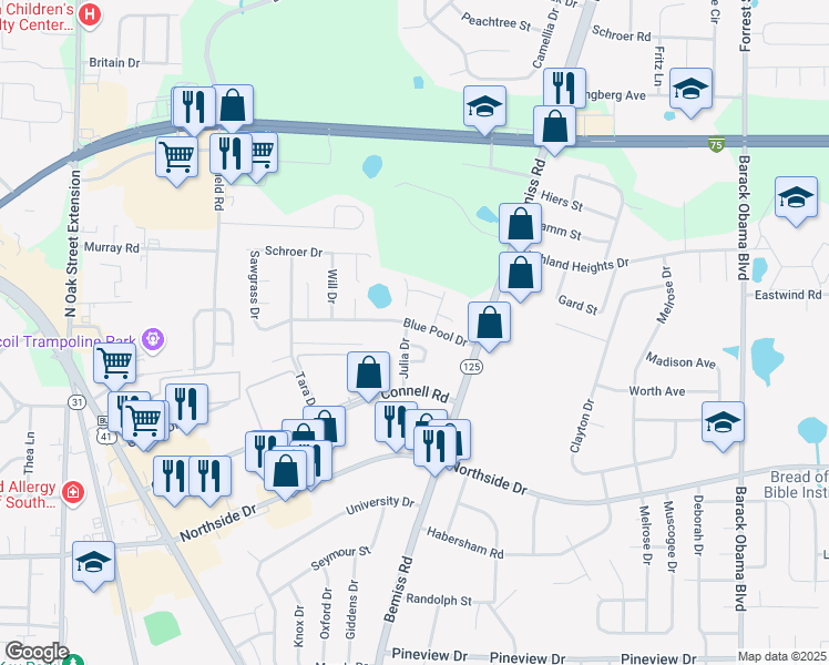 map of restaurants, bars, coffee shops, grocery stores, and more near 151 Blue Pool Drive in Valdosta