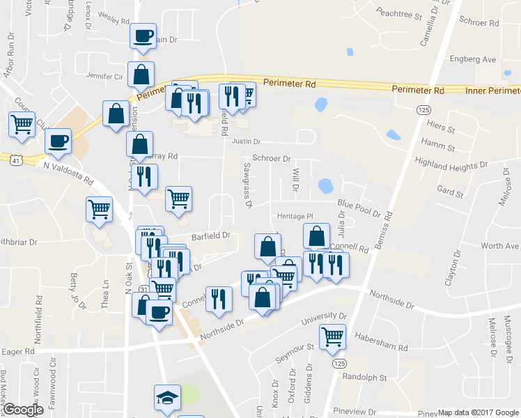 map of restaurants, bars, coffee shops, grocery stores, and more near 307 Sawgrass Drive in Valdosta