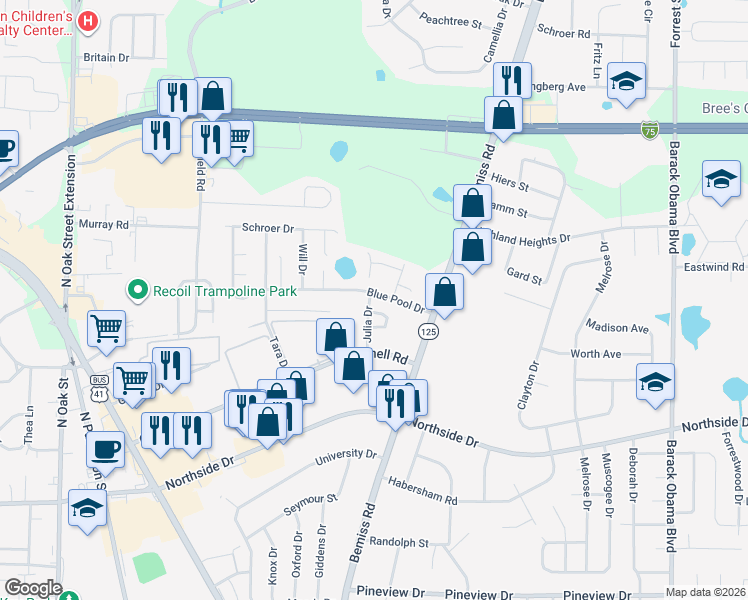 map of restaurants, bars, coffee shops, grocery stores, and more near 2933 Callaway Circle in Valdosta