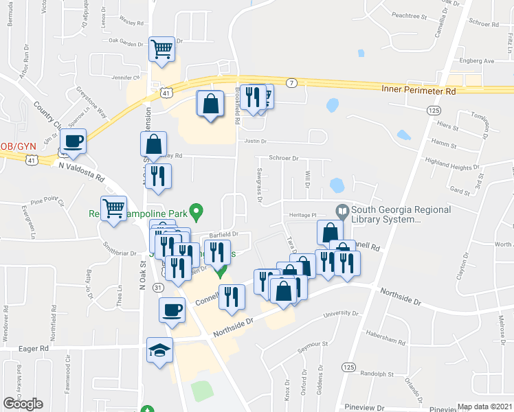 map of restaurants, bars, coffee shops, grocery stores, and more near 321 Sawgrass Drive in Valdosta