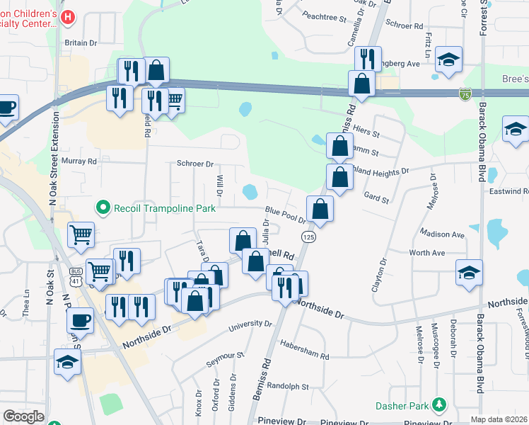 map of restaurants, bars, coffee shops, grocery stores, and more near 2933 Callaway Circle in Valdosta