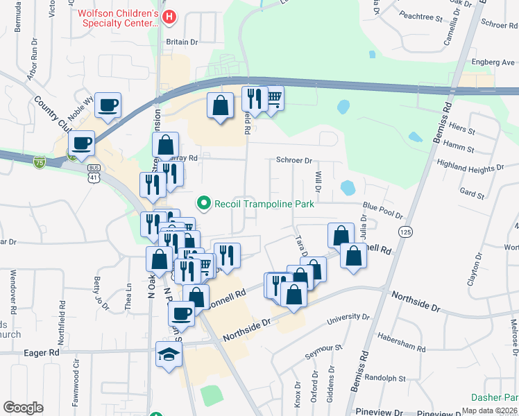 map of restaurants, bars, coffee shops, grocery stores, and more near 327 Brookfield Road in Valdosta
