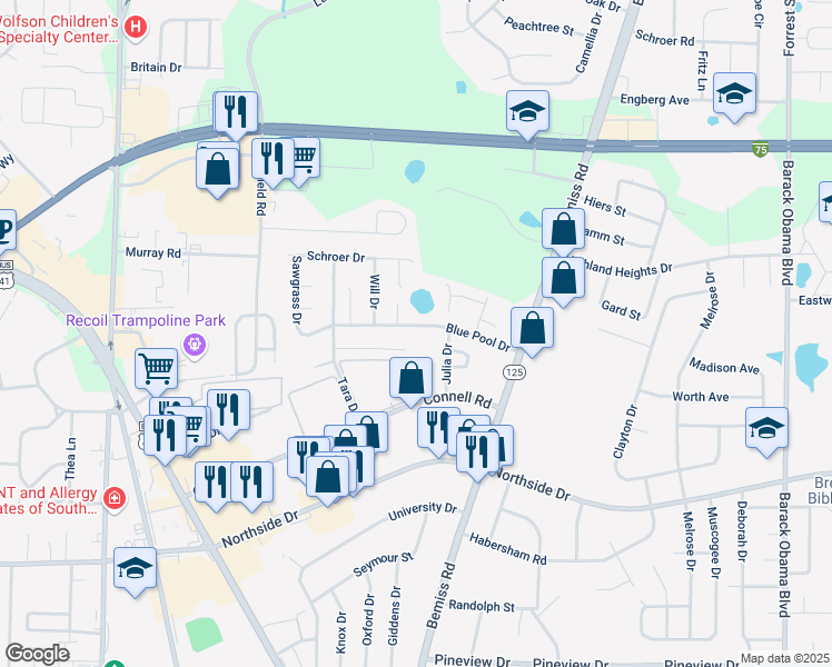 map of restaurants, bars, coffee shops, grocery stores, and more near 219 Blue Pool Drive in Valdosta